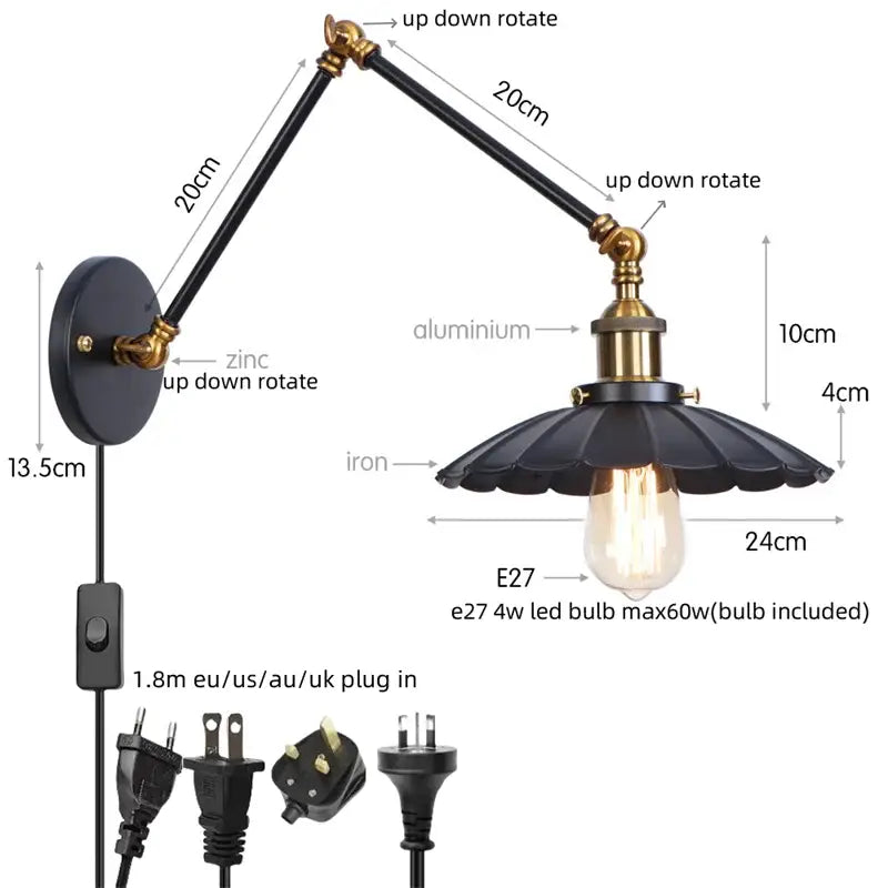 Industrial gold fluted wall lamp with pull chain switch bedroom sconce