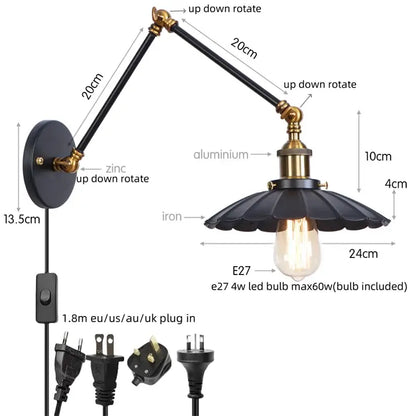 Industrial gold fluted wall lamp with pull chain switch bedroom sconce