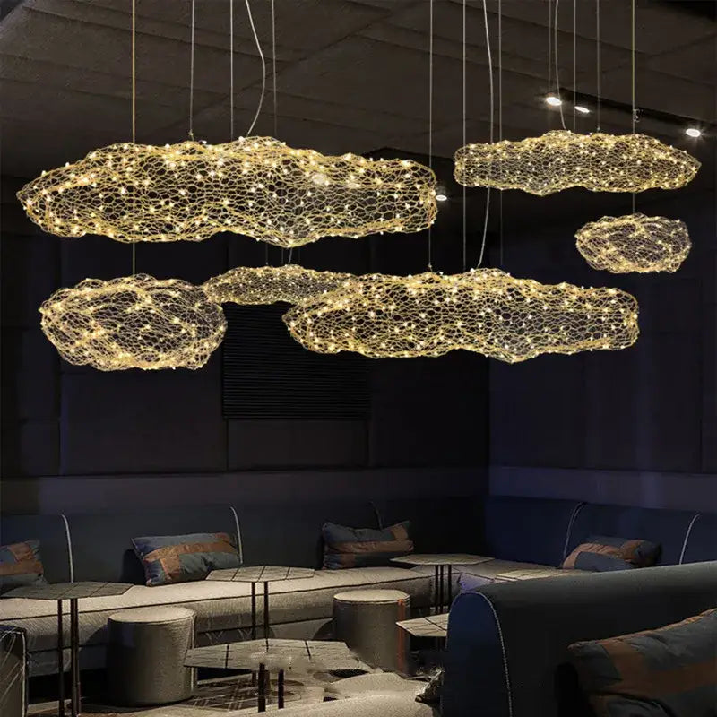 Industrial golden cloud pendant lights bedroom wire mesh chandelier