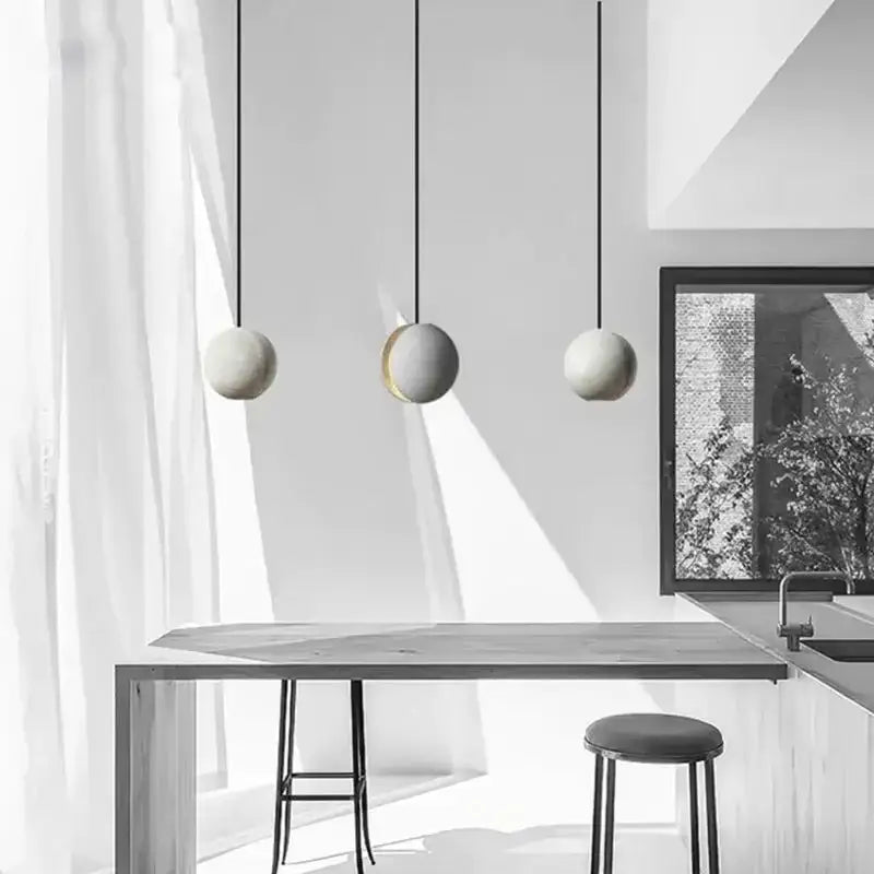 Industrial gray and gold cement pendant light dining room sphere