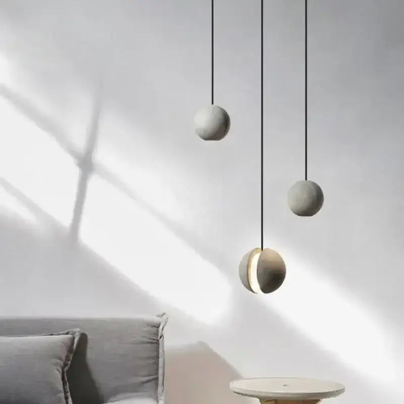 Industrial gray and gold cement pendant light dining room sphere