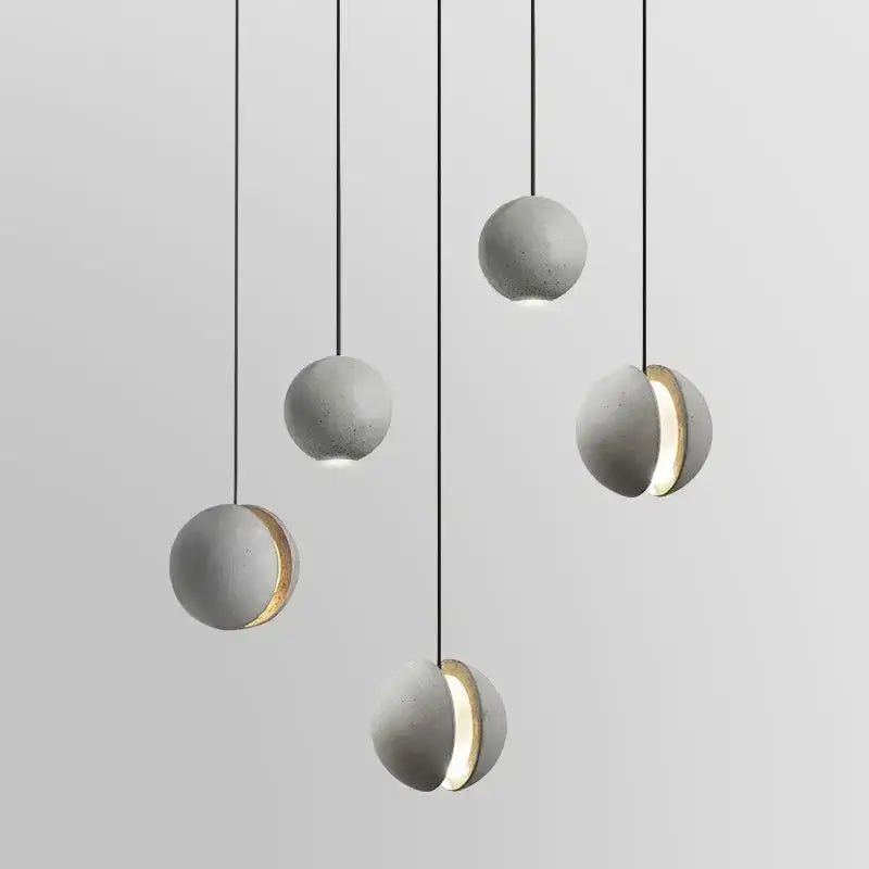 Industrial gray and gold cement pendant light dining room sphere