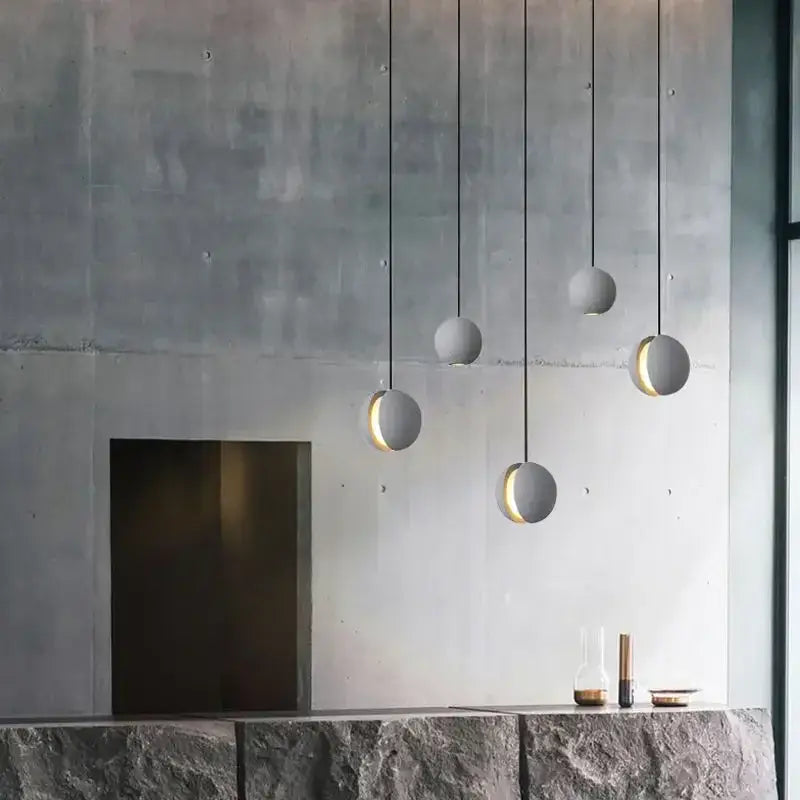 Industrial gray and gold cement pendant light dining room sphere