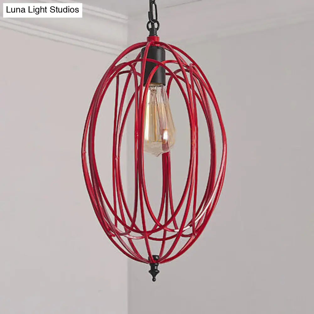 DecorBites™ Industrial Gray/Red Oval Cage Hanging Pendant Light with Adjustable Chain - 1 Bulb - Ideal for Restaurants, Metallic Design