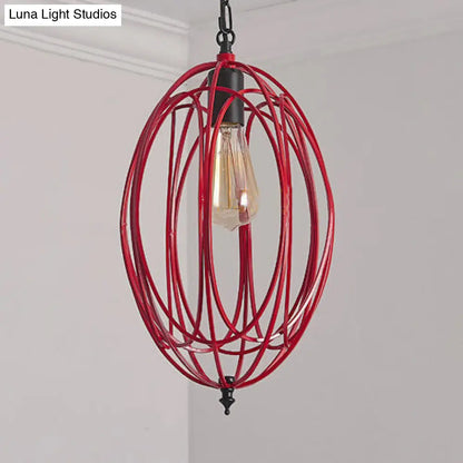 DecorBites™ Industrial Gray/Red Oval Cage Hanging Pendant Light with Adjustable Chain - 1 Bulb - Ideal for Restaurants, Metallic Design