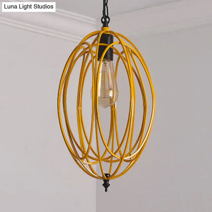 DecorBites™ Industrial Gray/Red Oval Cage Hanging Pendant Light with Adjustable Chain - 1 Bulb - Ideal for Restaurants, Metallic Design