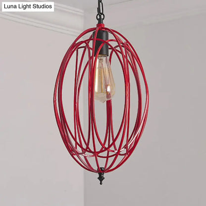 DecorBites™ Industrial Gray/Red Oval Cage Hanging Pendant Light with Adjustable Chain - 1 Bulb - Ideal for Restaurants, Metallic Design