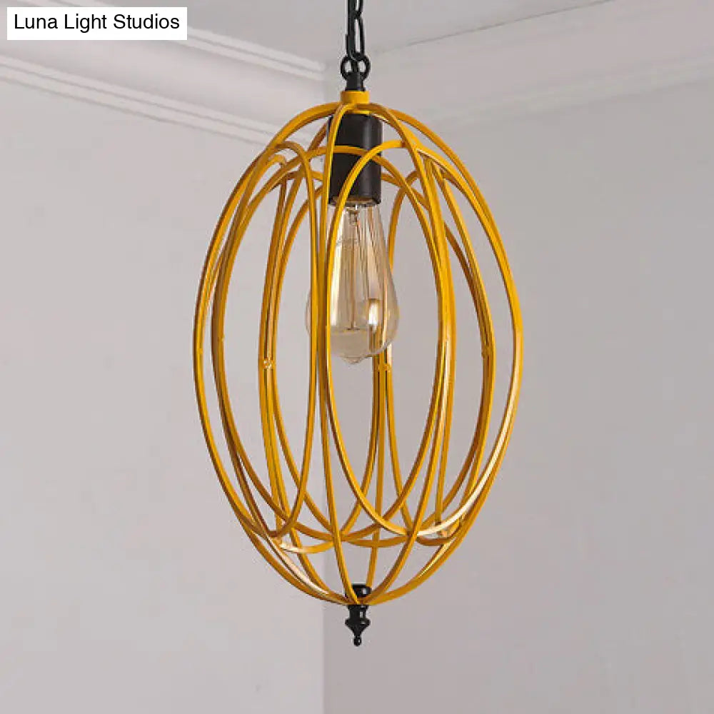 DecorBites™ Industrial Gray/Red Oval Cage Hanging Pendant Light with Adjustable Chain - 1 Bulb - Ideal for Restaurants, Metallic Design