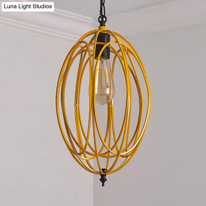 DecorBites™ Industrial Gray/Red Oval Cage Hanging Pendant Light with Adjustable Chain - 1 Bulb - Ideal for Restaurants, Metallic Design