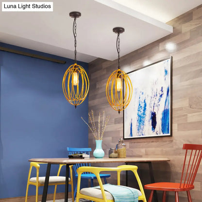 DecorBites™ Industrial Gray/Red Oval Cage Hanging Pendant Light with Adjustable Chain - 1 Bulb - Ideal for Restaurants, Metallic Design