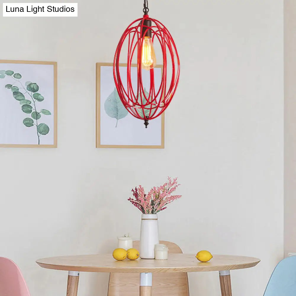 DecorBites™ Industrial Gray/Red Oval Cage Hanging Pendant Light with Adjustable Chain - 1 Bulb - Ideal for Restaurants, Metallic Design