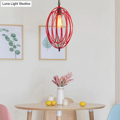 DecorBites™ Industrial Gray/Red Oval Cage Hanging Pendant Light with Adjustable Chain - 1 Bulb - Ideal for Restaurants, Metallic Design