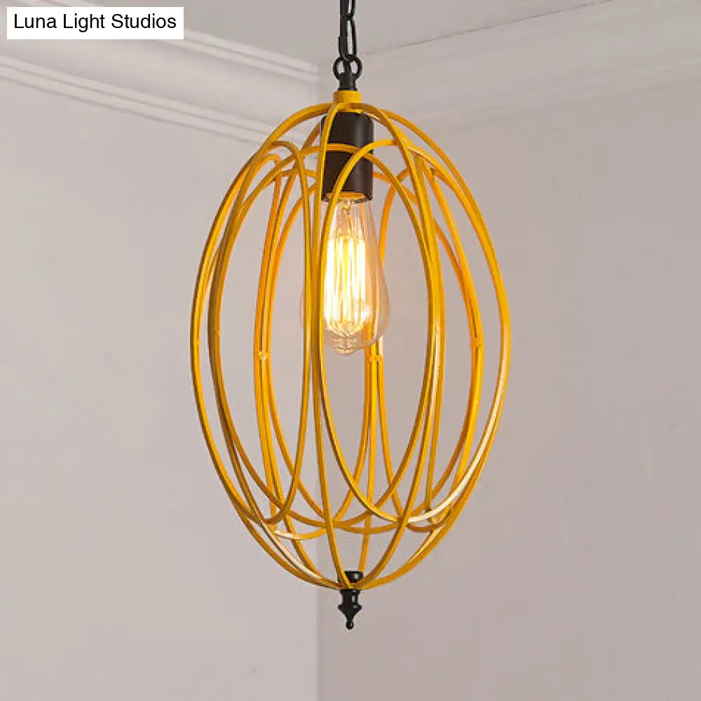DecorBites™ Industrial Gray/Red Oval Cage Hanging Pendant Light with Adjustable Chain - 1 Bulb - Ideal for Restaurants, Metallic Design