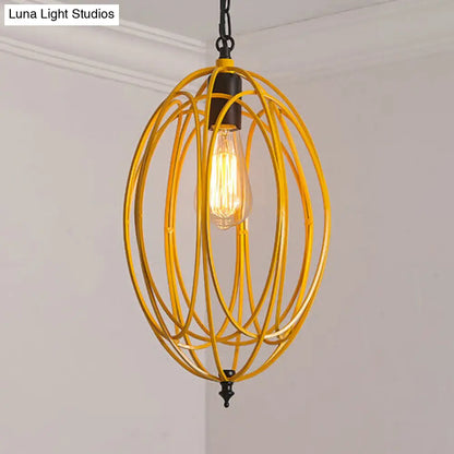 DecorBites™ Industrial Gray/Red Oval Cage Hanging Pendant Light with Adjustable Chain - 1 Bulb - Ideal for Restaurants, Metallic Design