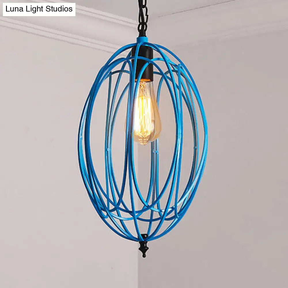 DecorBites™ Industrial Gray/Red Oval Cage Hanging Pendant Light with Adjustable Chain - 1 Bulb - Ideal for Restaurants, Metallic Design