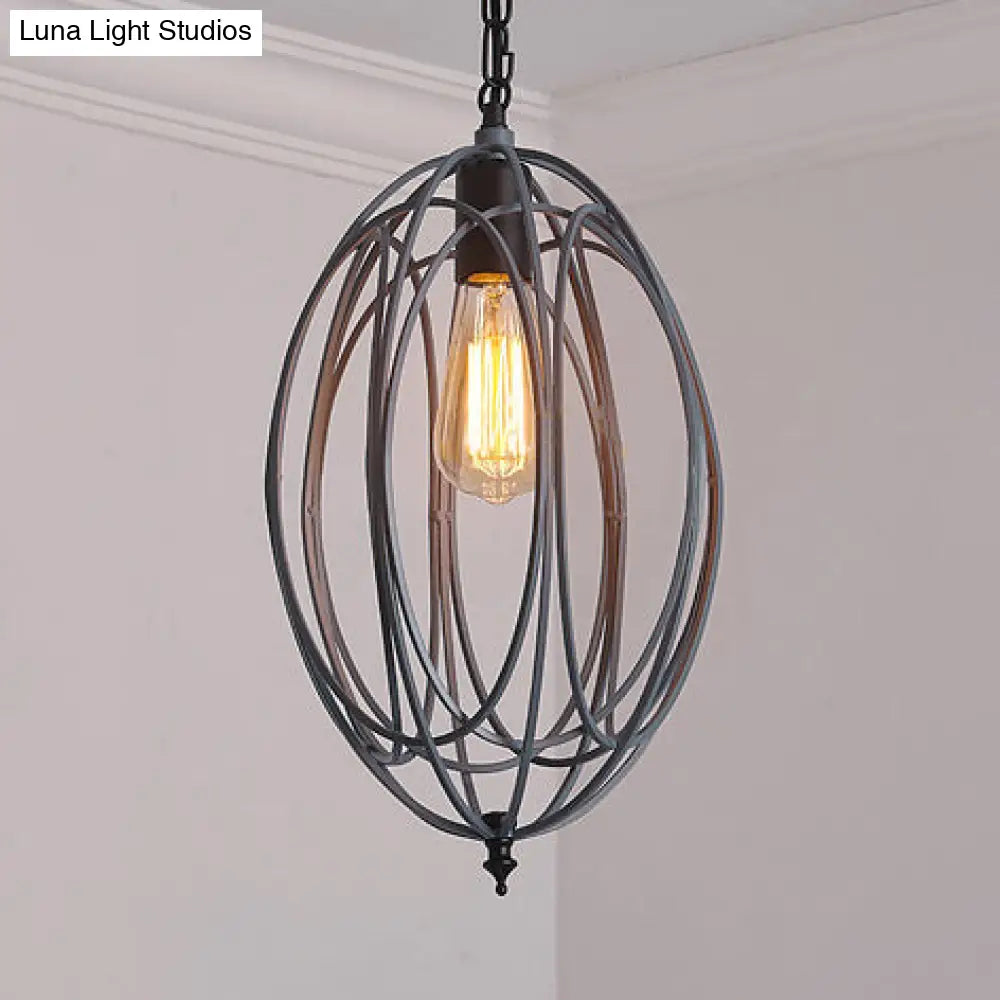 DecorBites™ Industrial Gray/Red Oval Cage Hanging Pendant Light with Adjustable Chain - 1 Bulb - Ideal for Restaurants, Metallic Design