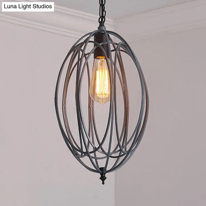 DecorBites™ Industrial Gray/Red Oval Cage Hanging Pendant Light with Adjustable Chain - 1 Bulb - Ideal for Restaurants, Metallic Design