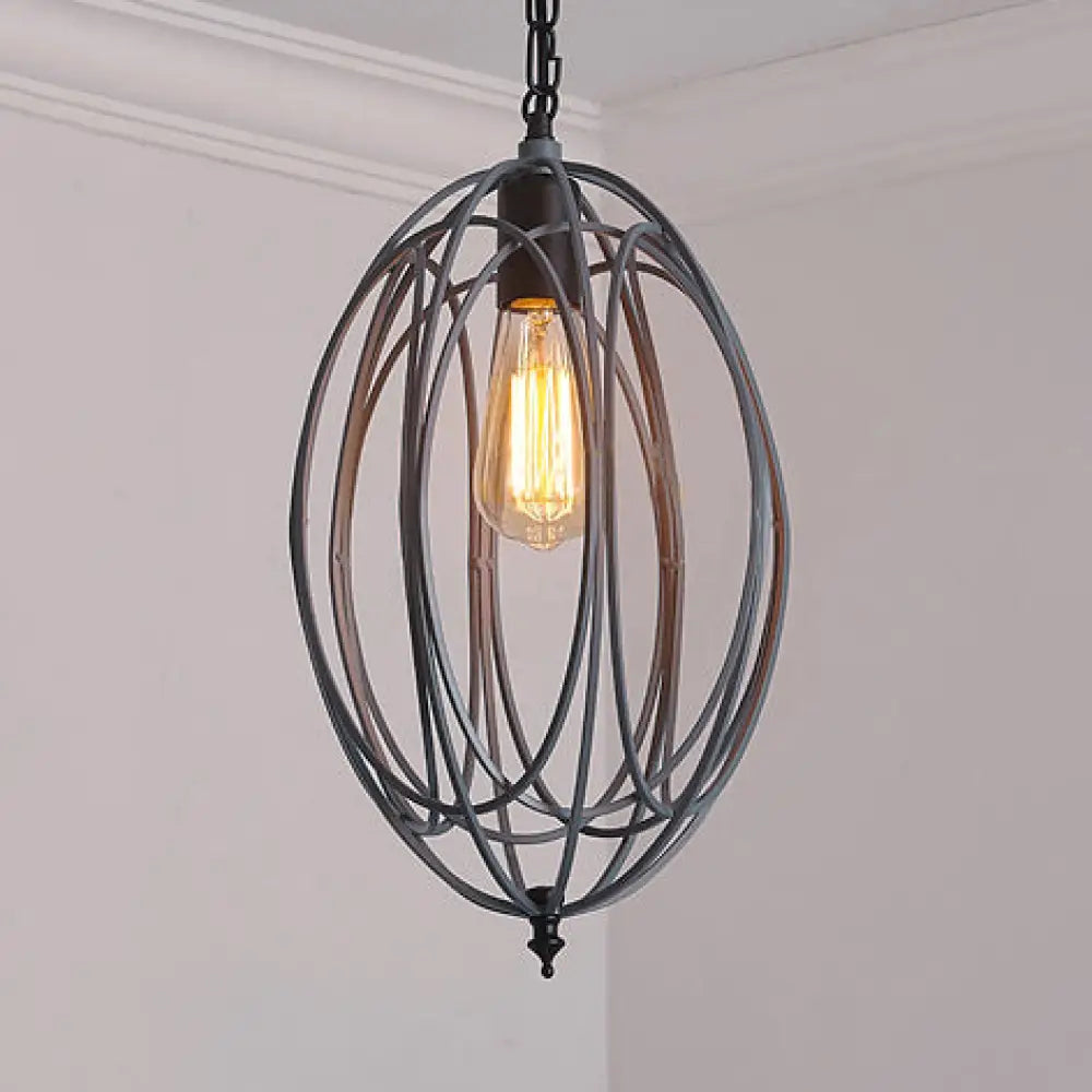 DecorBites™ Industrial Gray/Red Oval Cage Hanging Pendant Light with Adjustable Chain - 1 Bulb - Ideal for Restaurants, Metallic Design