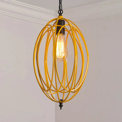 DecorBites™ Industrial Gray/Red Oval Cage Hanging Pendant Light with Adjustable Chain - 1 Bulb - Ideal for Restaurants, Metallic Design