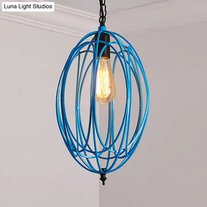 Industrial gray & red oval cage pendant light for restaurants