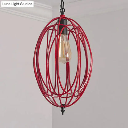 Industrial gray & red oval cage pendant light for restaurants