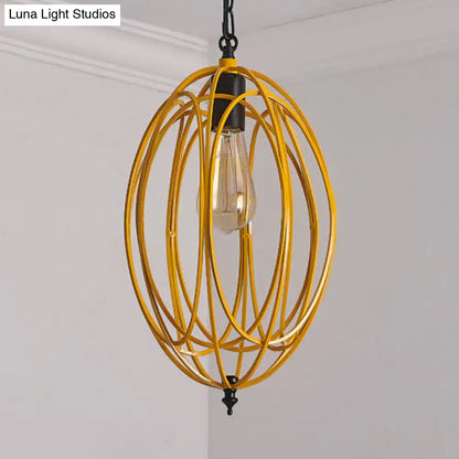 Industrial gray & red oval cage pendant light for restaurants