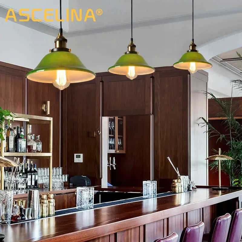 Industrial green glass pendant light dining room with brass accents