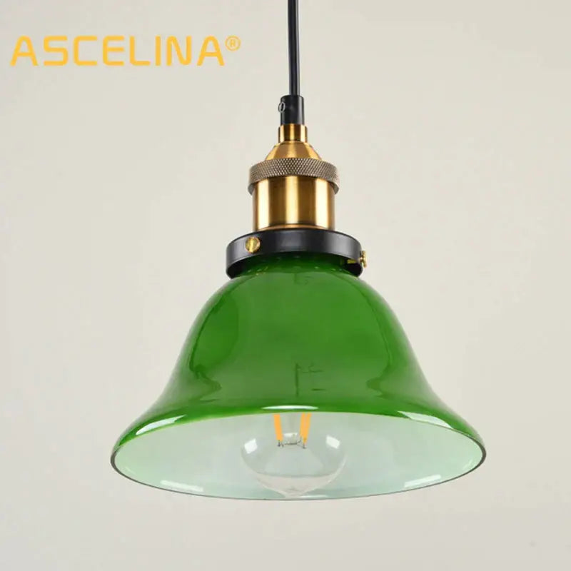 Industrial green glass pendant light dining room with brass accents