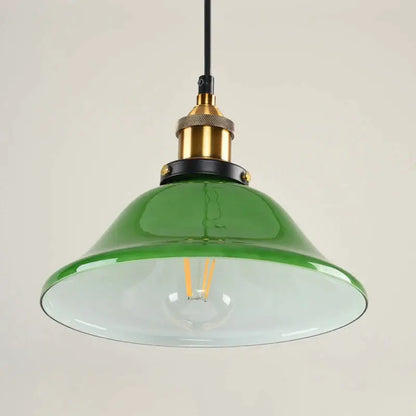 Industrial green glass pendant light dining room with brass accents