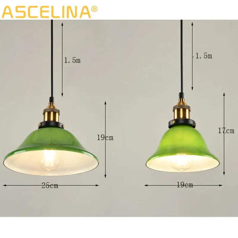 Industrial green glass pendant light dining room with brass accents