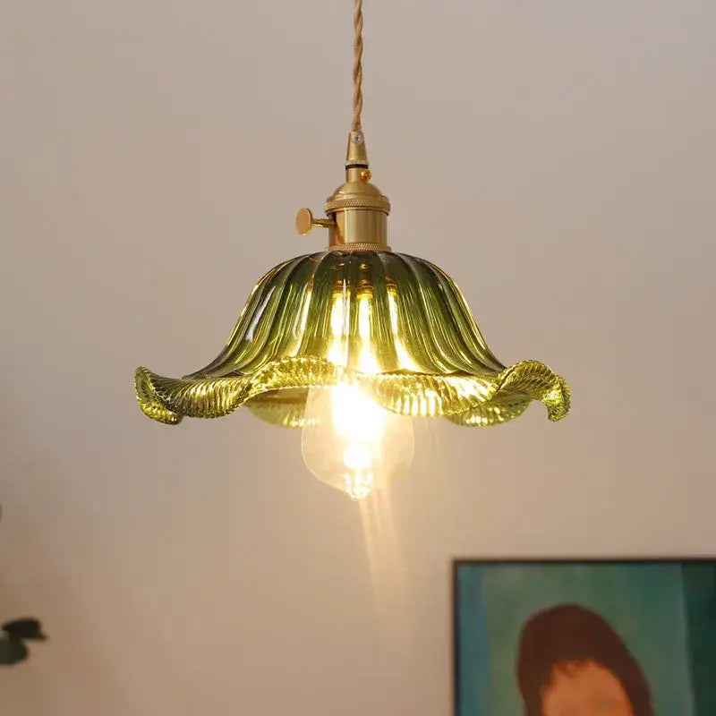 Industrial green petal glass pendant light dining room copper socket