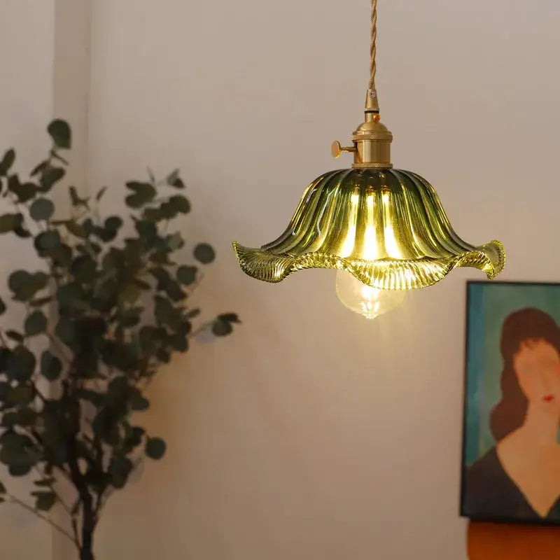 Industrial green petal glass pendant light dining room copper socket