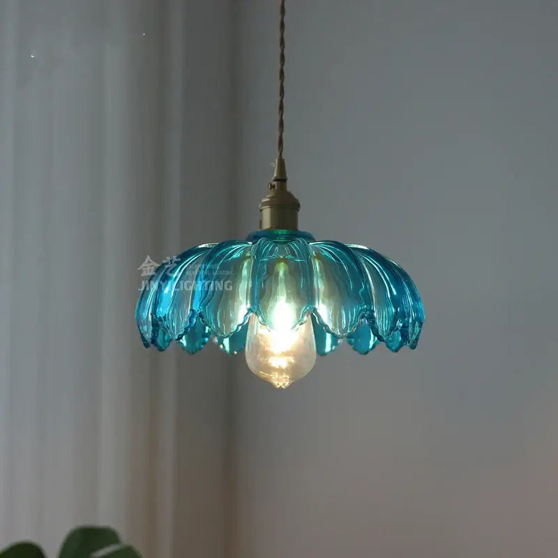 Industrial green petal glass pendant light dining room copper socket