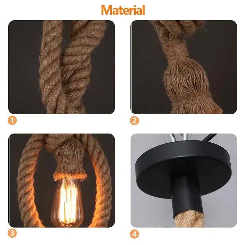 Industrial hemp rope pendant light dining room multi bulb chandelier