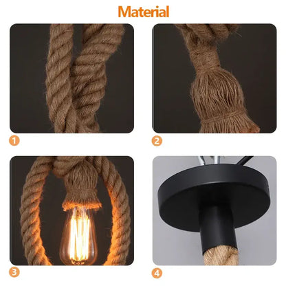 Industrial hemp rope pendant light dining room multi bulb chandelier