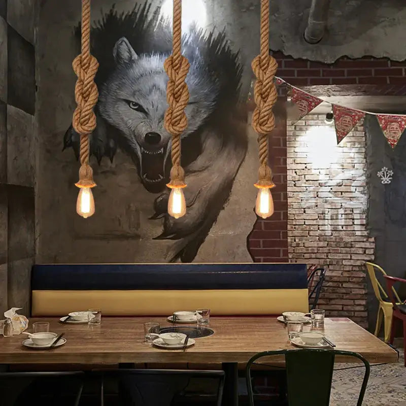 Industrial hemp rope pendant light dining room multi bulb chandelier