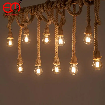 Industrial hemp rope pendant light dining room multi bulb chandelier