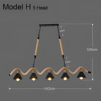 Industrial hemp rope pendant light with four black shades kitchen
