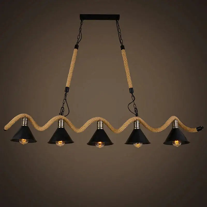 Industrial hemp rope pendant light with four black shades kitchen