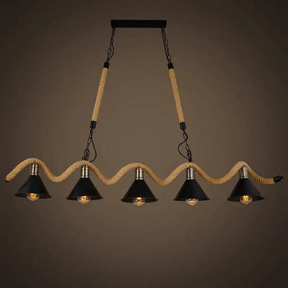 Industrial hemp rope pendant light with four black shades kitchen
