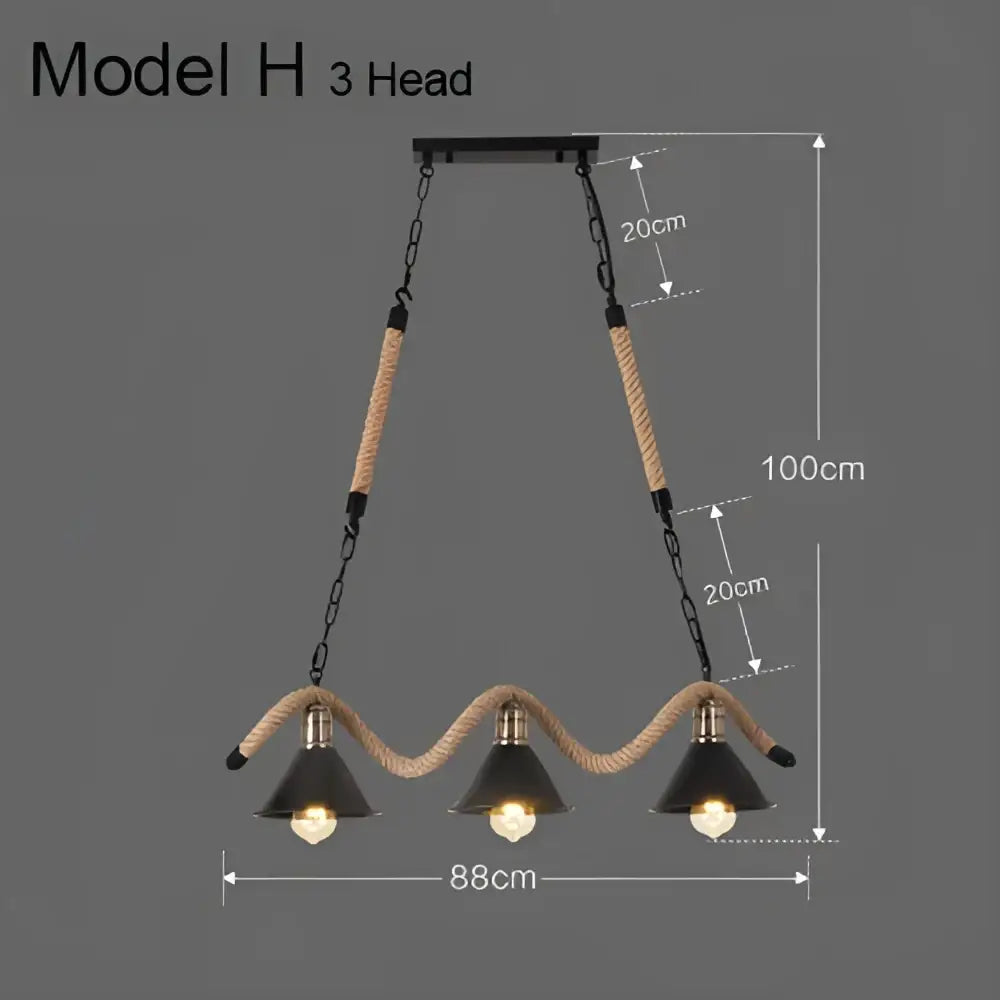 Industrial hemp rope pendant light with four black shades kitchen