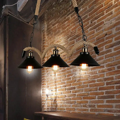 Industrial hemp rope pendant light with four black shades kitchen