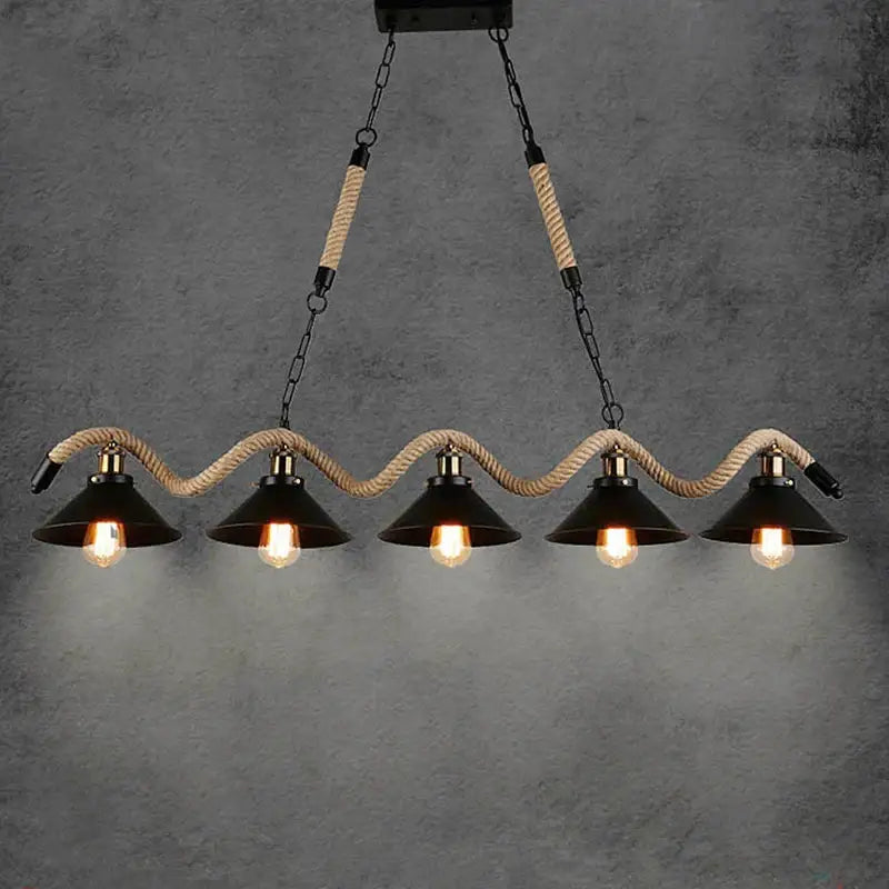 Industrial hemp rope pendant light with four black shades kitchen