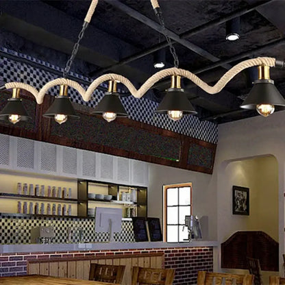 Industrial hemp rope pendant light with four black shades kitchen