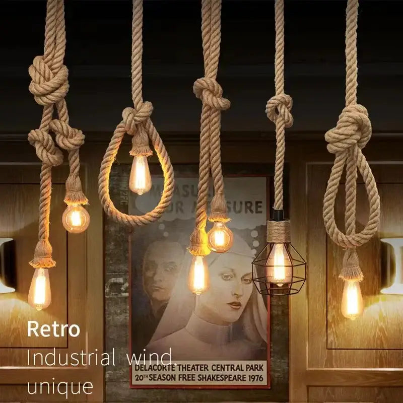 Industrial hemp rope pendant lights kitchen five light edison decor