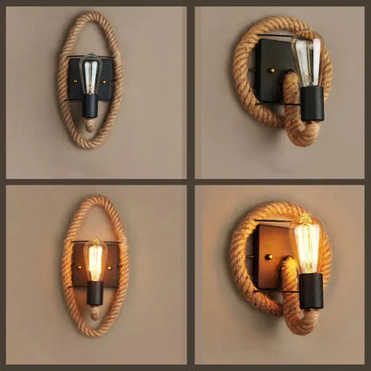 Industrial hemp rope wall lamp living room sconce with filament bulb