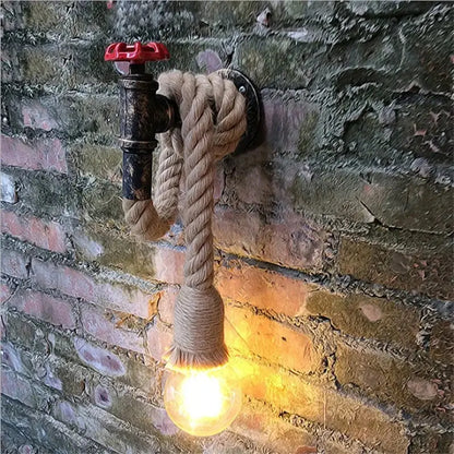 Industrial hemp rope wall lamp with red valve for kitchen living room
