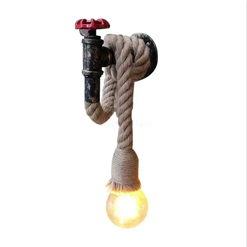 Industrial hemp rope wall lamp with red valve for kitchen living room