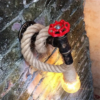 Industrial hemp rope wall lamp with red valve for kitchen living room