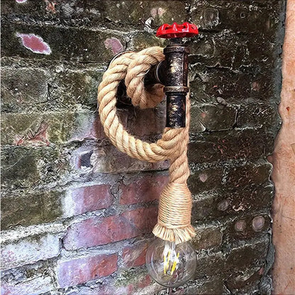 Industrial hemp rope wall lamp with red valve for kitchen living room